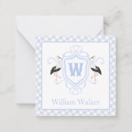 Watercolor Blue Stork Gingham Monogram Crest Mitteilungskarte