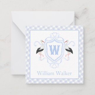 Watercolor Blue Stork Gingham Monogram Crest Mitteilungskarte