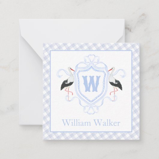 Watercolor Blue Stork Gingham Monogram Crest Mitteilungskarte (Vorderseite)