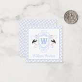 Watercolor Blue Stork Gingham Monogram Crest Mitteilungskarte (Vorderseite/Rückseite Beispiel)