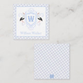 Watercolor Blue Stork Gingham Monogram Crest Mitteilungskarte (Vorne/Hinten)