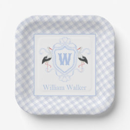 Watercolor Blue Stork Gingham Monogram Crest Pappteller