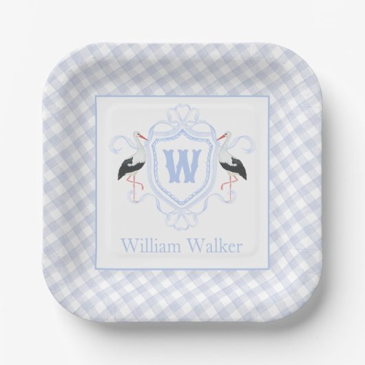 Watercolor Blue Stork Gingham Monogram Crest Pappteller (Vorderseite)