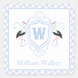 Watercolor Blue Stork Gingham Monogram Crest Quadratischer Aufkleber