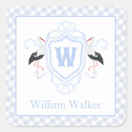 Watercolor Blue Stork Gingham Monogram Crest Quadratischer Aufkleber