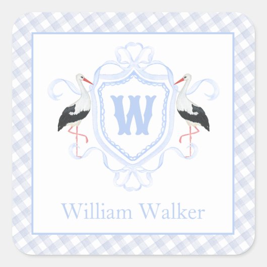 Watercolor Blue Stork Gingham Monogram Crest Quadratischer Aufkleber (Vorderseite)