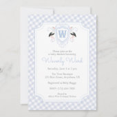Watercolor Blue Stork Monogram Crest Baby Shower Einladung (Vorderseite)
