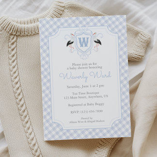 Watercolor Blue Stork Monogram Crest Baby Shower Einladung