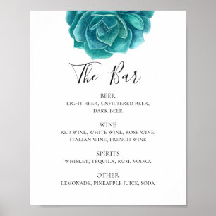 Watercolor blue succulent. Cactus wedding drinks Poster