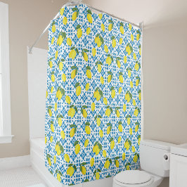 Watercolor Blue Tile Yellow Lemon Watercolor Duschvorhang