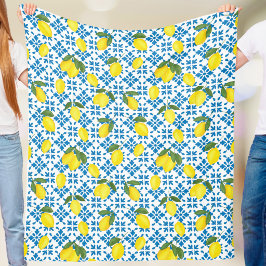 Watercolor Blue Tile Yellow Lemon Watercolor Fleecedecke