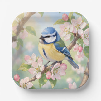 Watercolor Blue Tit Bird on Apple Tree Spring Pappteller