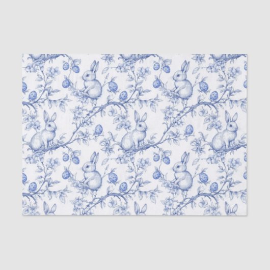 Watercolor Blue Toile De Jouy Osterkaninchen Seidenpapier (Vorderseite)