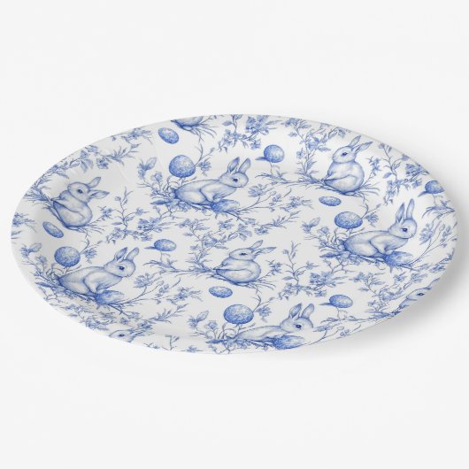 Watercolor Blue Toile De Jouy Ostersonne Pappteller (Schrägansicht)