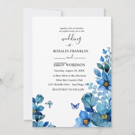 watercolor blue wedding Invitation Einladung (Vorderseite)