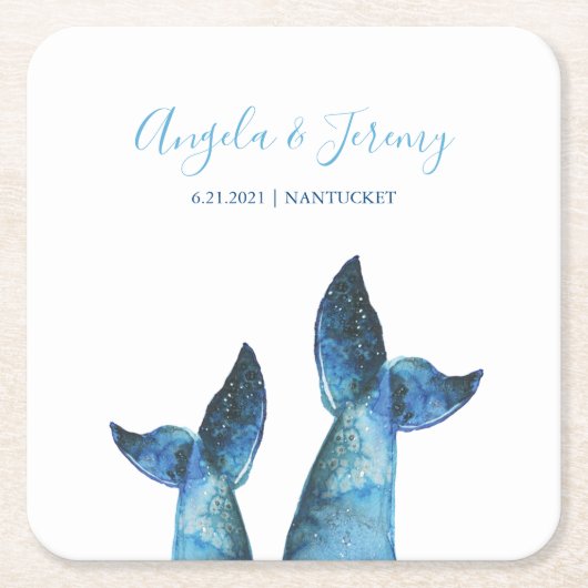 Watercolor Blue Whale Tale Wedding Rechteckiger Pappuntersetzer (Vorderseite)