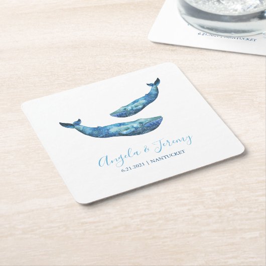 Watercolor Blue Whale Wedding Rechteckiger Pappuntersetzer (angewinkelt)