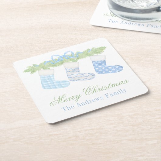 Watercolor Blue & White Christmas Strumpfs Rechteckiger Pappuntersetzer (angewinkelt)