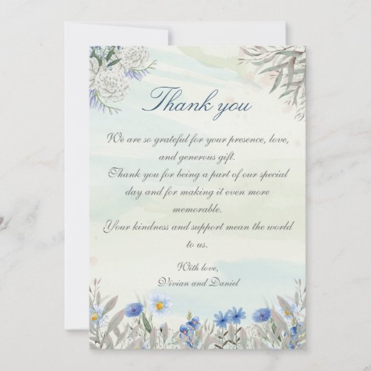Watercolor Blue Wildblume Wedding Danke Card (Vorderseite)