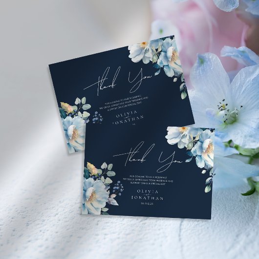 Watercolor Blue Winter Floral Wedding Dankeskarte