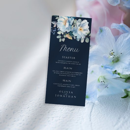 Watercolor Blue Winter Floral Wedding Menükarte