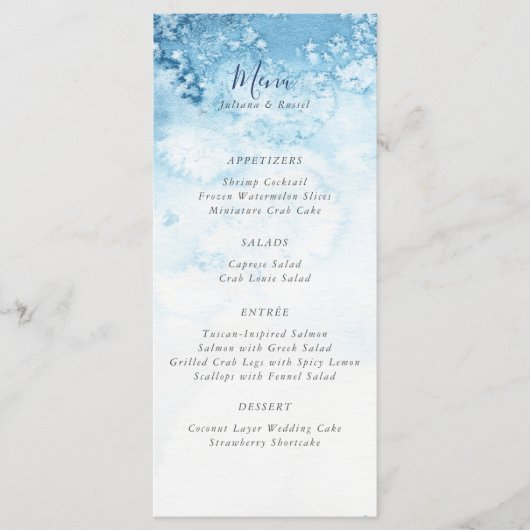 Watercolor Blue Winter Wedding Menu Menükarte (Vorderseite)
