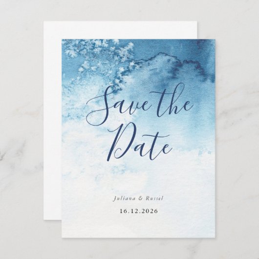 Watercolor Blue Winter Wedding Save the Date (Vorne/Hinten)