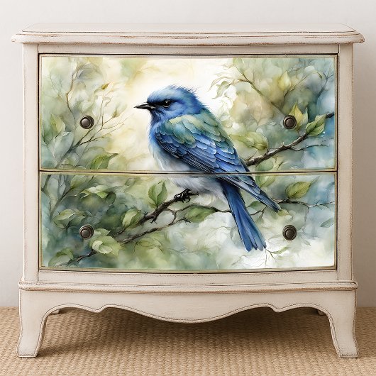 Watercolor Bluebird on Branch with Green Leaves Seidenpapier