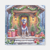 Watercolor Bluetick Coonhound Cabin Porch Christma Magnet (Vorne)