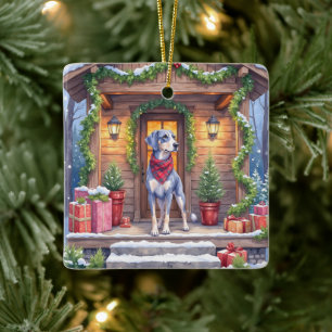 Watercolor-Bluetick-Coonhound-Hütte-Weihnachten Keramikornament