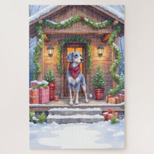 Watercolor-Bluetick-Coonhound-Hütte-Weihnachten Puzzle