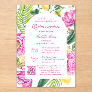 Watercolor-Blumen-Foto-QR-Code-Quinceañera Acryleinladungen