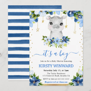 Watercolor-Blumen-Hippo-Junge-Baby-Party Einladung
