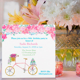 Watercolor-Blumen mit Fahrrad-Geburtstag  Einladung