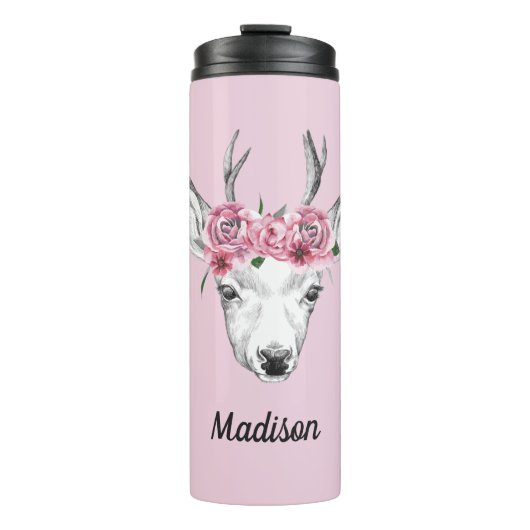 Watercolor-Blumen-Rotwild | addieren Ihren Namen Thermosbecher (Vorderseite)
