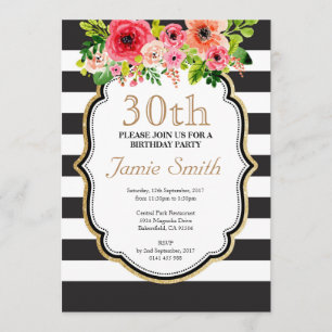Watercolor-Blumen-Schwarzweiss-Streifen-Geburtstag Einladung