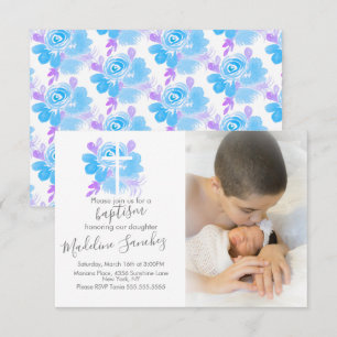 Watercolor-Blumen-Taufkreuz-Baby-Einsegnung  Einladung