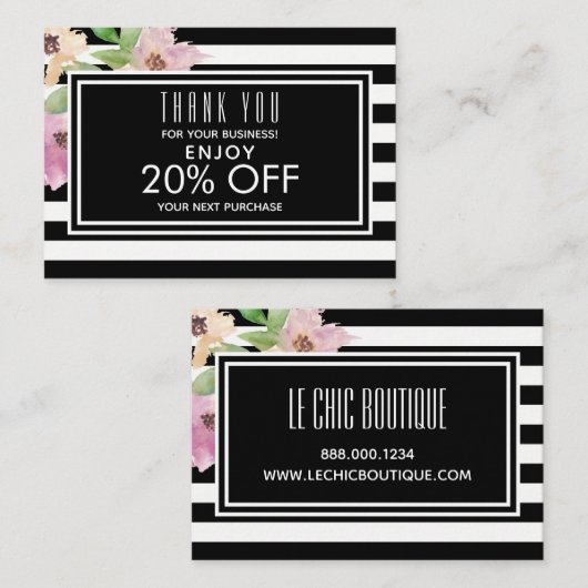 Watercolor-Blumen u. Streifen Rabattkarte (Vorne/Hinten)