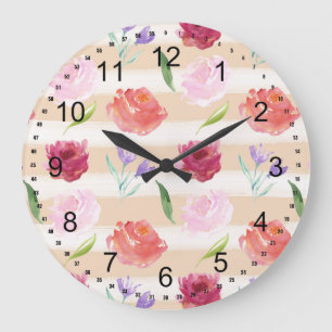 Watercolor-Blumen und Streifen Große Wanduhr
