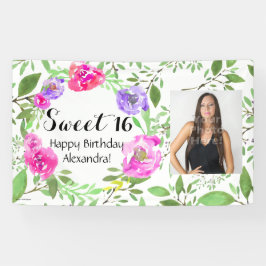 Watercolor-BlumenFoto-Bonbon 16 Geburtstags-Party Banner