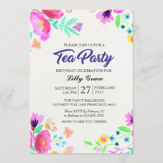 Watercolor-Blumengeburtstags-Tee-Party Einladung