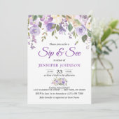 Watercolor-Blumenlavendel-lila Baby SIP u. SEHEN Einladung (Stehend Vorderseite)