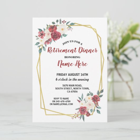 Watercolor-Blumenruhestands-Party-rotes Sahnegold Einladung (Stehend Vorderseite)