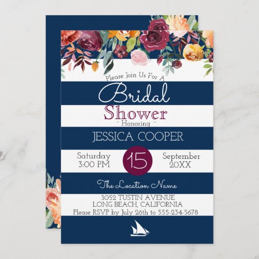 Watercolor-Blumenseestreifen-Brautparty Einladung (Vorne/Hinten)
