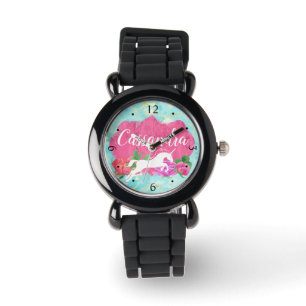 Watercolor-Blumeunicorn-Rosa-blauer Mädchen-Name Armbanduhr