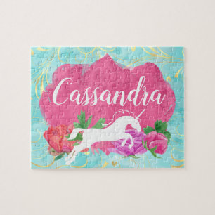 Watercolor-Blumeunicorn-Rosa-blauer Mädchen-Name Puzzle