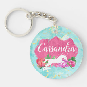 Watercolor-Blumeunicorn-Rosa-blauer Mädchen-Name Schlüsselanhänger