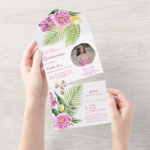 Watercolor Blumige rosa Pfingstrosen Foto Quinceañ All In One Einladung