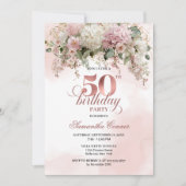 Watercolor Blush Bouquet Gold Greenery 50 Birthday Einladung (Vorderseite)