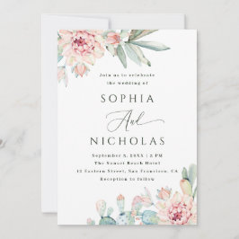 Watercolor Blush Floral & Cactus Wedding. Photo QR Einladung
